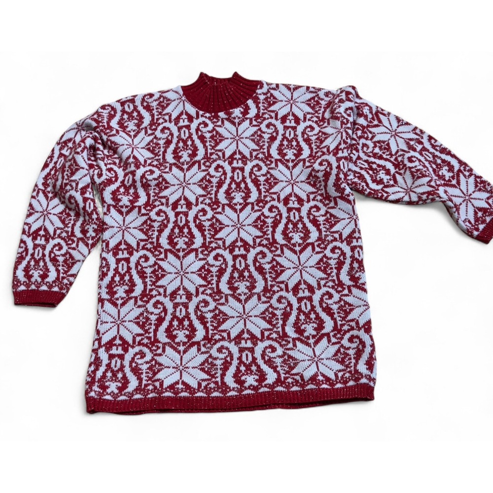 Red & White Snowflake Knit Sweater Holiday Winter Tunic‎ Top